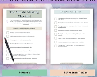 Autism Masking Checklist for Adults, Printable Worksheets (Digital Download)