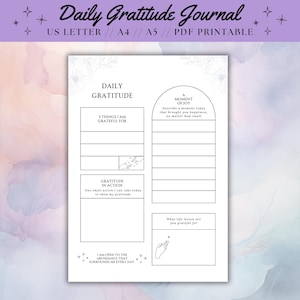 Diario de gratitud diario de una página imprimible, plantilla de bienestar y afirmación, descarga instantánea, regalo para ella, tamaño carta de EE. UU., A4 y A5
