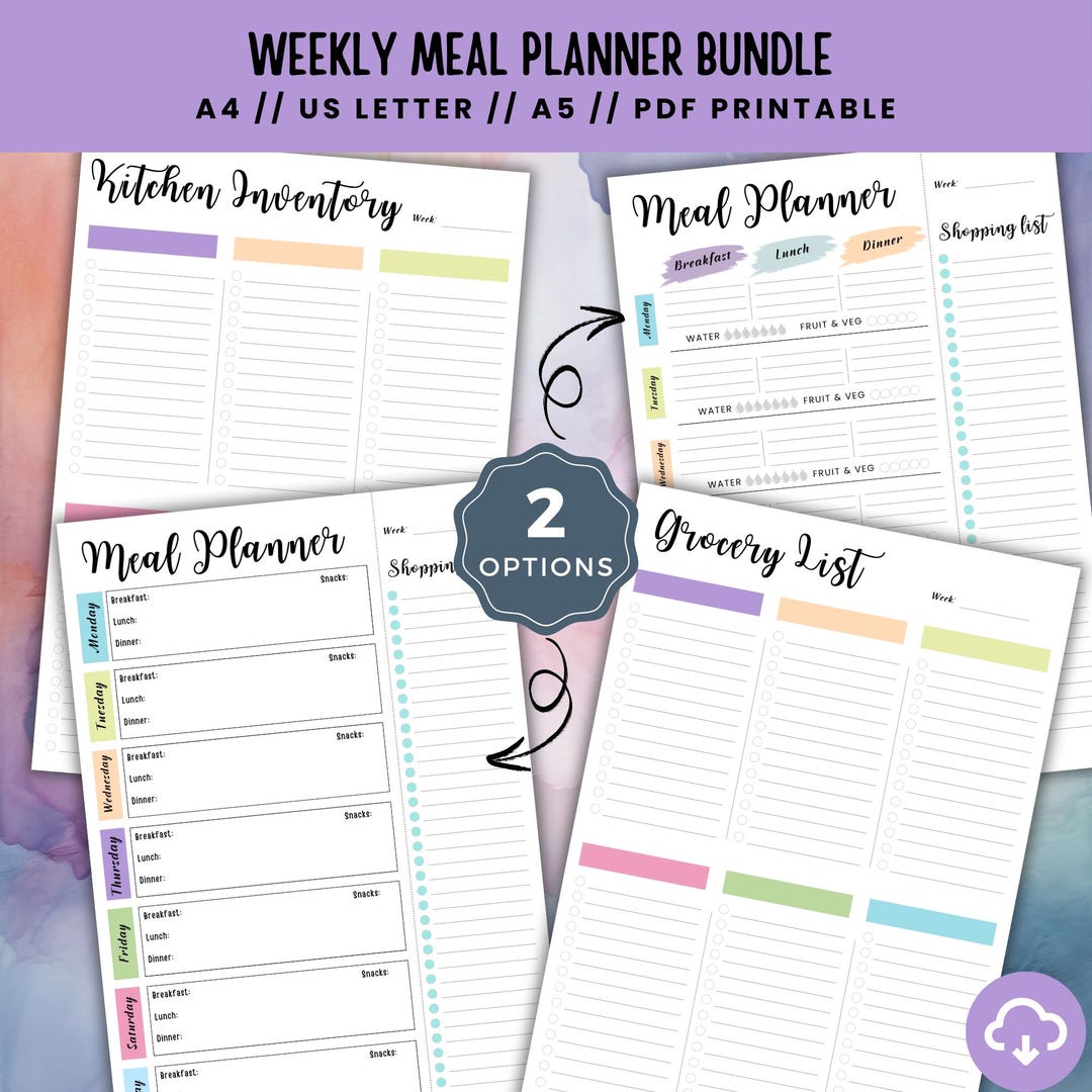 Weekly Meal Planner Printable Bundle, Kitchen Inventory, Grocery List ...