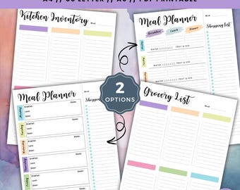 Paquete imprimible de planificador de comidas semanal, inventario de cocina y lista de compras (PDF)