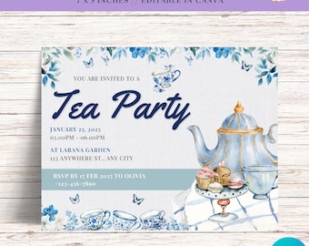 May include: A blue and white tea party invitation with a watercolor illustration of a teapot, teacups, and cupcakes. The invitation includes the text "You are invited to a Tea Party", "January 25, 2025", "03.00PM - 06.00PM", "At Larana Garden", "123 Anywhere St., Any City", "RSVP by 17 Feb 2025 to Olivia", and "123-456-7800".