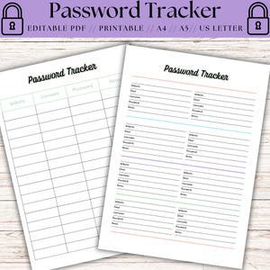Password Tracker Printable & Fillable, Password Keeper, Password Organizer, Password Log, A4/A5/US Letter, Instant Download PDF, Logins