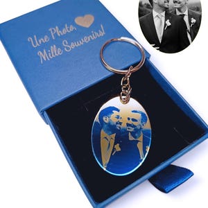 Porte-clés photo personnalisé avec boîte-cadeau, souvenir gravé personnalisé, message au dos, cadeau d'anniversaire ou de mariage, cadeaux pour lui ou elle