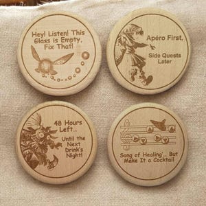Legend of Zelda Magnetic Coasters, Video Game Gift, Wooden Drink Coaster Set, Ocarina of Time, Master Sword, Housewarming Gift, Geeky Decor