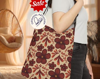 花柄調節可能トートバッグ、手描きデザイン、彼女へのギフト、毎日使えるキャリーオール、花好きの方