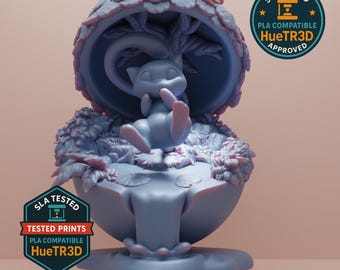 May include: A light blue 3D-printed sculpture of a cartoon character resting under a mushroom-shaped structure. The sculpture features detailed foliage and a waterfall effect. The image includes two circular logos with text.