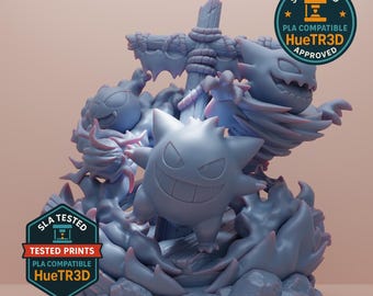 May include: A light blue 3D-printed sculpture featuring multiple cartoon characters. The sculpture includes a central figure with a wide grin, surrounded by other characters and flame-like elements. The sculpture has two circular stickers with text.