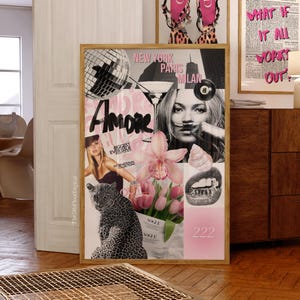 Affiche de collage tendance, tableau visuel, oeuvre d'art murale de marque de luxe, affiche Kate Moss, décoration d'appartement de l'an 2000, décoration de dortoir, esthétique rose