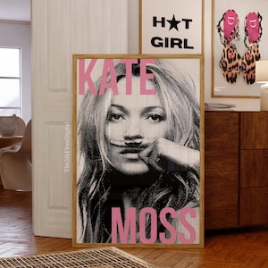 Arte mural de Kate Moss, póster de arte pop, icono de la moda moderna, tipografía rosa, impresión en blanco y negro, estética Y2K, decoración de apartamentos