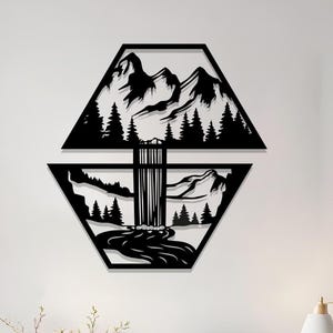 Decorazione murale in metallo con cascata di montagna, decorazione rustica ispirata alla natura, cartello in metallo con paesaggio panoramico per baita o soggiorno