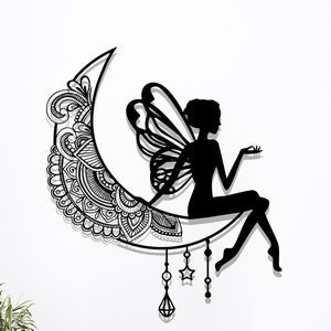 Decorazione da parete in metallo raffigurante una fata seduta sulla luna, decorazione fantasy da sogno, silhouette da appendere alla parete per cameretta o camera da letto.