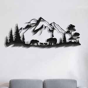Decorazione murale in metallo raffigurante una famiglia di orsi, paesaggio di montagna e foresta, decorazione rustica con animali selvatici, decorazione da parete per cabina, scultura in metallo raffigurante la natura.
