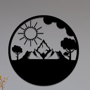 Decorazione da parete in metallo con albero e sole di montagna, decorazione da parete con scena naturale, decorazione da parete rustica con foresta, cartello in metallo per baita esterna o soggiorno