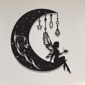 Decorazione da parete in metallo raffigurante una fata, silhouette di fata mistica, decorazione da parete per giardino incantato, decorazione da parete per casa o cameretta dei bambini.
