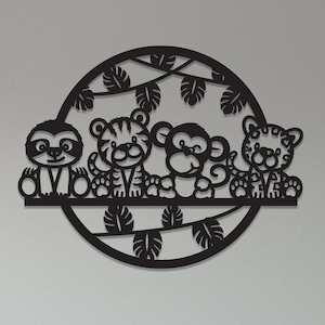 Decorazione murale in metallo con figure di animali per la cameretta dei bambini, simpatica decorazione con animali della giungla o del bosco, divertente cartello in metallo per la cameretta dei bambini, decorazione murale adatta ai bambini.