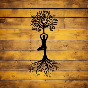 May include: A black silhouette of a person in a yoga pose with a tree growing out of their head and roots extending down. The background is a wood grain pattern.