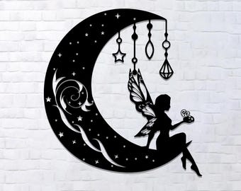 Fairy on Moon Metal Wall Art: Girl Bedroom Decor