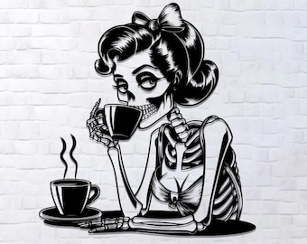 Skeleton Drinking Coffee Metal Wall Art: Gothic Kitchen Decor