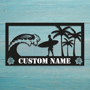 Personalized Surfer Metal Wall Art: Palm Tree Beach House Decor