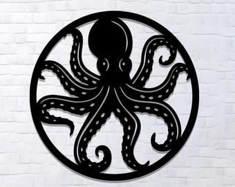 Octopus Metal Wall Decor: Nautical Beach House Hanging