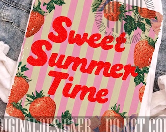 Striped Sweet summer time Strawberry PNG Vintage Quilt Strawberry Design, Retro Summer png, Printable Strawberry Art, Trendy Summer Beachy