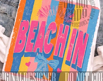 Beachin PNG, Beachy Coquette Design(Digital Download), Sarcastic Beach Quote Png, Retro Blue Striped Sublimation, Aesthetic Coquette Bow Png