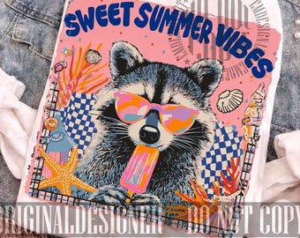 Imágenes PNG con ambiente veraniego dulce, imágenes PNG de un lindo mapache veraniego, diseño veraniego preppy (descarga digital), diseño playero femenino (descarga digital)