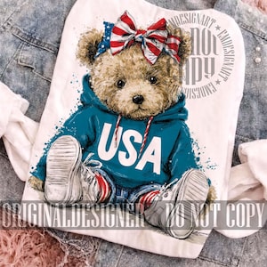 Patriotic Teddy Bear Png, Preppy 4th of July Shirt Design, Red White and Blue USA Digital Download, American Flag Preppy Coquette USA png