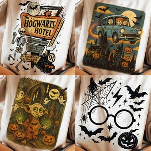May include: Four white t-shirts with Halloween-themed designs. One features a skeleton and a sign for "The Hogwarts Hotel." Another shows a car with people, pumpkins, and a castle. A third depicts a goblin with pumpkins, and the last has glasses, bats, and a jack-o'-lantern.
