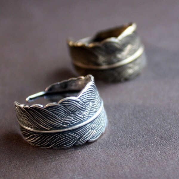 Feather Wrap Ring in Oxidized Silverplate, Adjustable, Custom Size