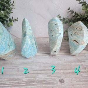 May include: Four blue and tan gemstone sculptures with varying shapes and textures. The gemstones are numbered 1 through 4 with teal-colored numbers. The background includes greenery and a light-colored surface.