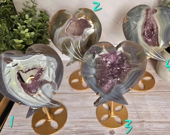 Amethyst Agate Crystal Heart Wings with Stand