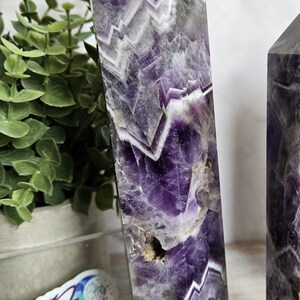 K&ouml;nnte beinhalten: Zwei Amethyst-Kristall-Obelisken mit polierter, facettierter Oberfl&auml;che. Die Kristalle zeigen eine Mischung aus tiefvioletten und wei&szlig;en Farbt&ouml;nen mit einem Chevron-&auml;hnlichen Muster. Eine kleine gr&uuml;ne Pflanze in einem grauen Topf befindet sich im Hintergrund.
