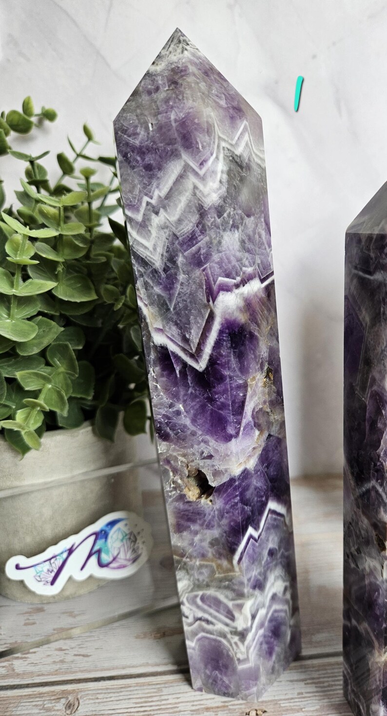 K&ouml;nnte beinhalten: Zwei Amethyst-Kristall-Obelisken mit polierter, facettierter Oberfl&auml;che. Die Kristalle zeigen eine Mischung aus tiefvioletten und wei&szlig;en Farbt&ouml;nen mit einem Chevron-&auml;hnlichen Muster. Eine kleine gr&uuml;ne Pflanze in einem grauen Topf befindet sich im Hintergrund.