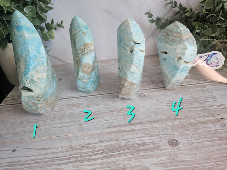 May include: Four blue and tan stone sculptures with unique shapes and textures. The stones have a marbled appearance with varying shades of blue and tan. The sculptures are displayed on a light wood surface with green foliage in the background.