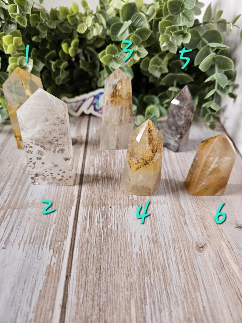 May include: Six clear quartz crystal points with brown and gold inclusions. The points are arranged in a row on a wooden surface.