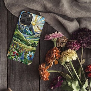 Mountain Phone Case Stained Glass Nature Landscape iPhone Case Wildflower Forest Art Phone Case Outdoorsy Gift for Nature Lovers