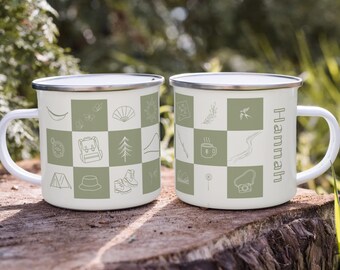 Custom Outdoor Adventure Durable Camping Mug Gift for Campers Personalized Mountain Hiking Mug Van Life Checker Doodle Campfire Coffee Cup