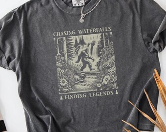 Bigfoot TShirt Chasing Waterfalls Tee Vintage Cryptid Crop Top Hikers Gift for Nature Lovers Retro Folklore Comfort Colors Sasquatch Shirt