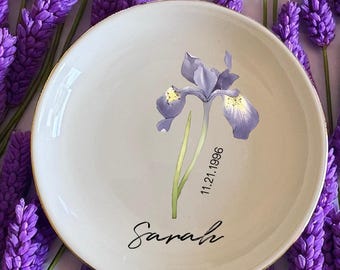 Birth Month Flower Ring Dish, Personalized Jewelry Holder, Custom Floral Trinket Dish, Birthday Keepsake Gift, Wedding Ring Dish