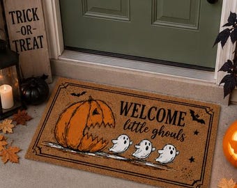 Welcome Little Ghouls Doormat, Cute Halloween Ghost Door Mat, Pumpkin Trick or Treat Welcome Mat, Spooky Fall Porch Decor