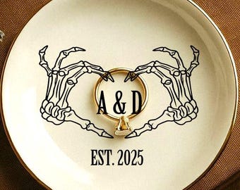 Personalized Christmas Ring Dish with Names, Personalized Wedding Ring Dish with Initials, Engagement Ring Dish, Skeleton Stuffer Gift