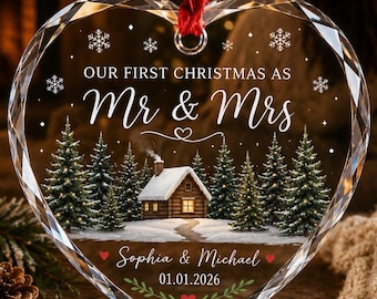 First Christmas Married Ornament, Custom Mr and Mrs Keepsake Personalized Winter Cabin ornament Newlywed Gift, Couple Ornament Gift for Wife