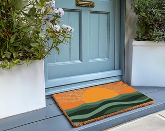 Vibrant Boho Sunset Doormat, Colorful Bohemian Entryway Rug, Retro Desert Sun Welcome Mat, Outdoor Coir Door Mat Decor, Sunset Welcome Mat
