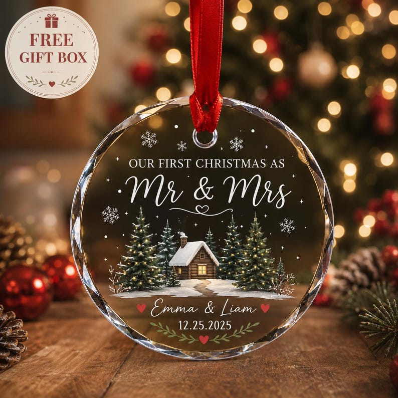 Op de afbeelding: Een ronde, doorzichtige glazen kerstornament met een rood lint. Het ontwerp toont een besneeuwd huisje met dennenbomen, sneeuwvlokken en de witte tekst "OUR FIRST CHRISTMAS AS Mr & Mrs", "Emma & Liam" en de datum "12.25.2025".