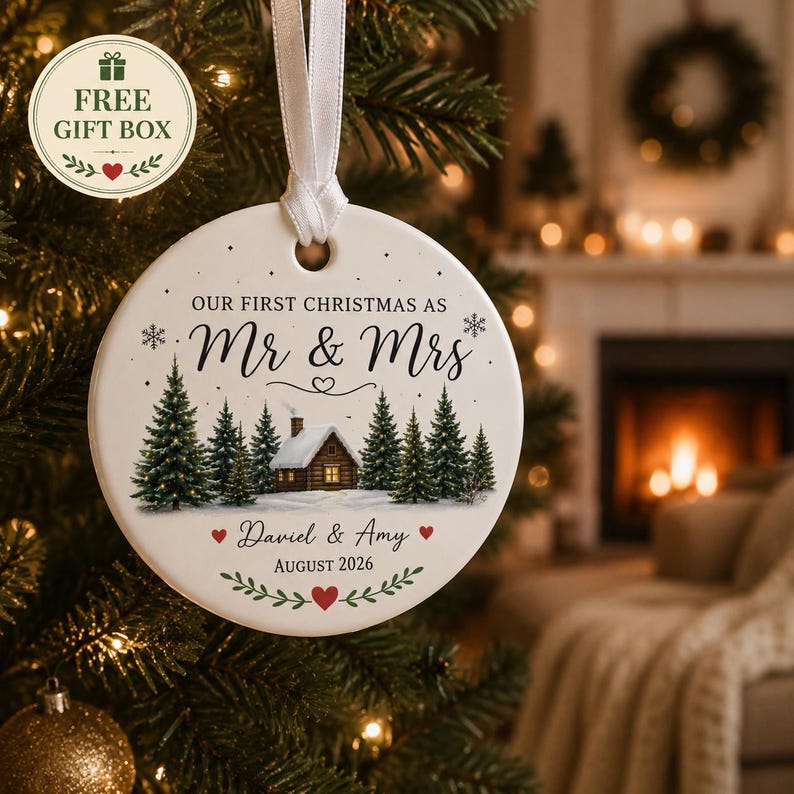 Op de afbeelding: Een ronde witte keramische kerstornament met een bedrukte wintersc&egrave;ne van een blokhut en dennenbomen. De tekst luidt: Our First Christmas as Mr & Mrs, Daniel & Amy, August 2026. Het bevat rode hartjes en een wit lint om het op te hangen.