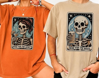 Here for the Boos and Spirits Couples Shirts, Funny Skeleton Halloween Tee, Matching Spooky Season T-Shirts, Retro Halloween Party Top