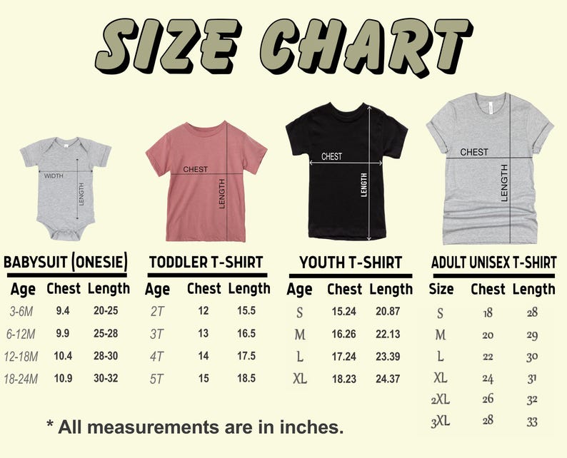 Puede incluir: Gr&aacute;fico de tallas con medidas para bodies de beb&eacute;, camisetas para ni&ntilde;os peque&ntilde;os, j&oacute;venes y camisetas unisex para adultos. Las medidas est&aacute;n en pulgadas, incluidas las dimensiones del pecho y la longitud para cada talla.