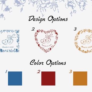 May include: Image displaying design and colour options for personalised wedding favours. Design options include square, heart, and circular frames with heart-shaped elements and initials. Colour options are blue, red, and gold.