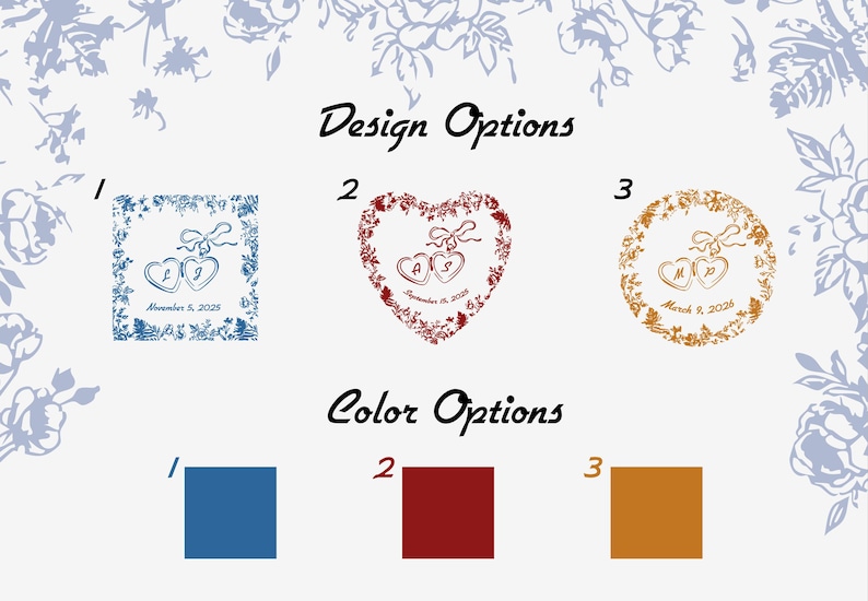 May include: Image displaying design and colour options for personalised wedding favours. Design options include square, heart, and circular frames with heart-shaped elements and initials. Colour options are blue, red, and gold.